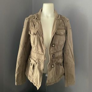 VINTAGE ● Triple Five Soul ● Olive Green Distressed Utility Jacket ● Y2K